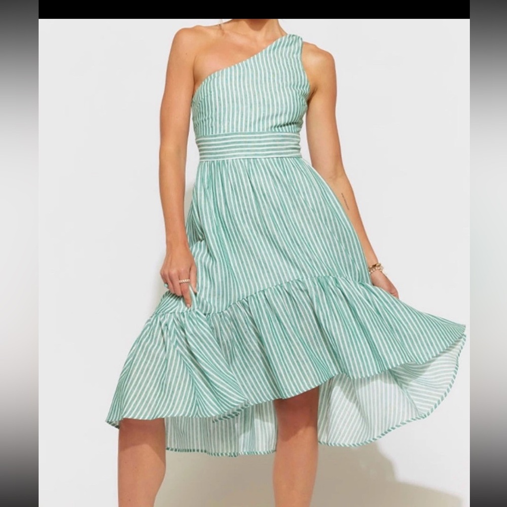 Elegant Green Striped High Low Dress